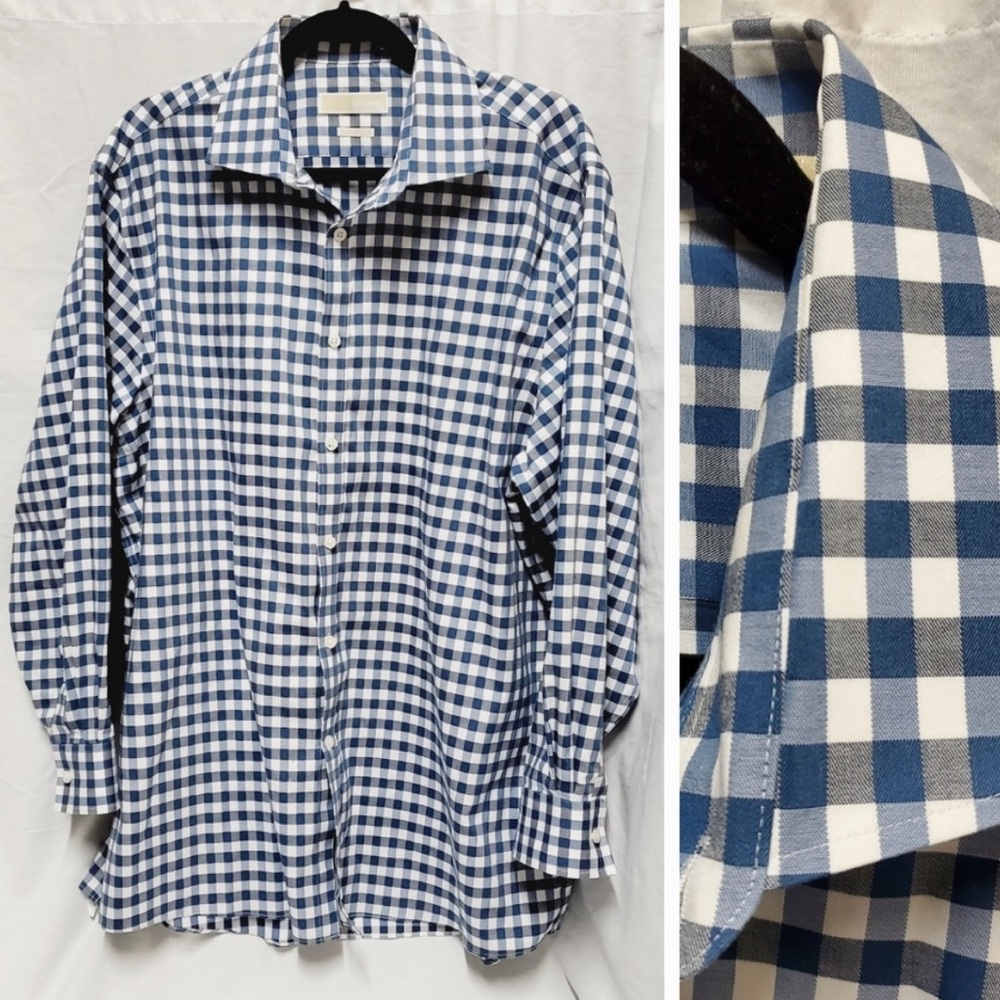 MICHAEL KORS blue and white plaid non iron button down. Size:Neck 17.5.
